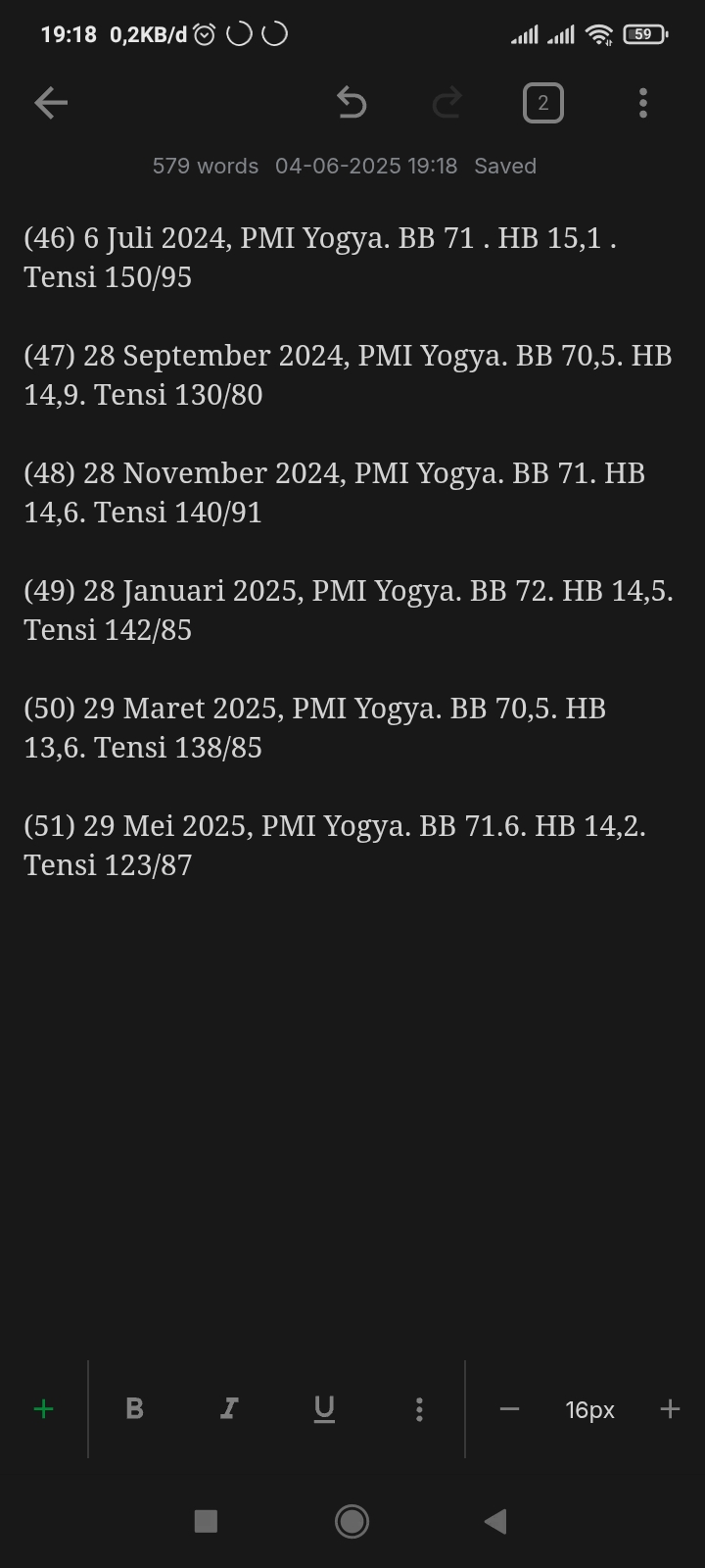 skrinsot catatan riwayat donor darah secara manual